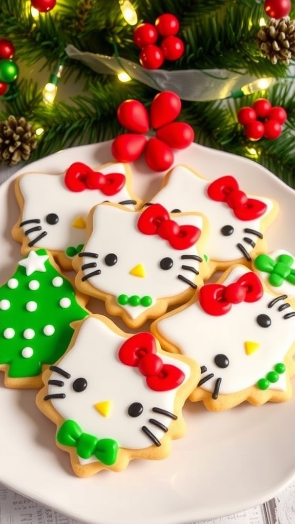 Hello Kitty Christmas Cookie Recipe A festive plate of Hello Kitty cookies decorated for Christmas, surrounded by holiday decorations.